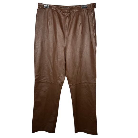 Vintage Clio Brown Leather High Waisted Y2K Straight Leg Pants Women's 14 - Picture 1 of 7